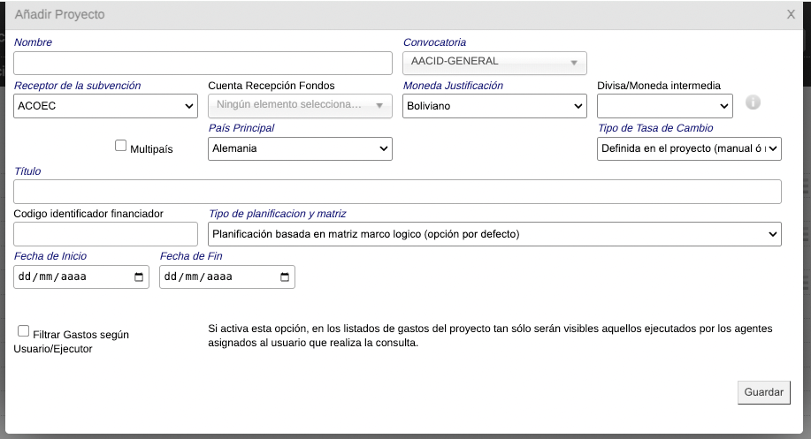 Alta de proyecto con fechas